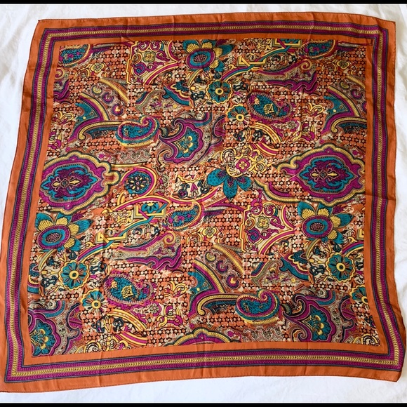 SOLD Vintage Honey Silk Square Paisley Print Scarf - Picture 2 of 8